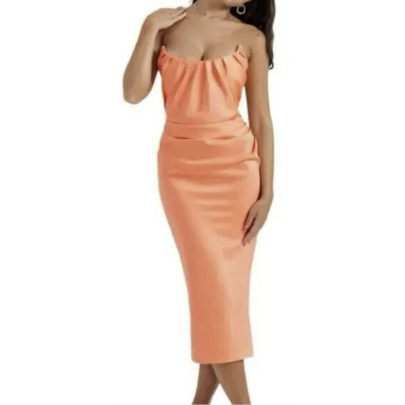 House of CB Midi Dress Corset Orange Strapless Ruched Sexy Sz Large NWT - Picture 1 of 11